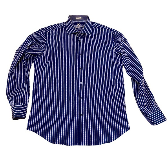 Bugatchi Men’s Long Sleeved Button Down Shirt Royal blue w/ Silver Gray Stripes - Picture 1 of 13